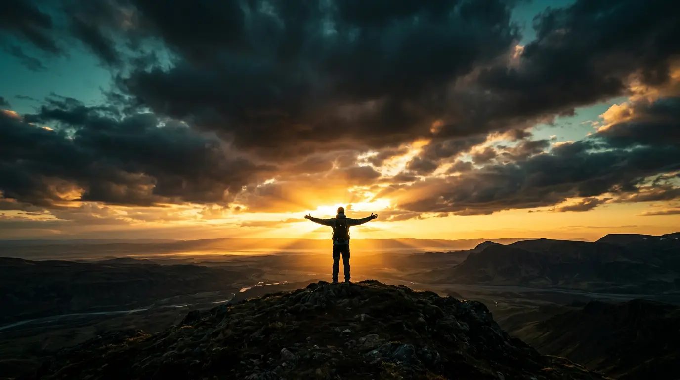 A person with arms raised toward a golden sunrise breaking through storm clouds